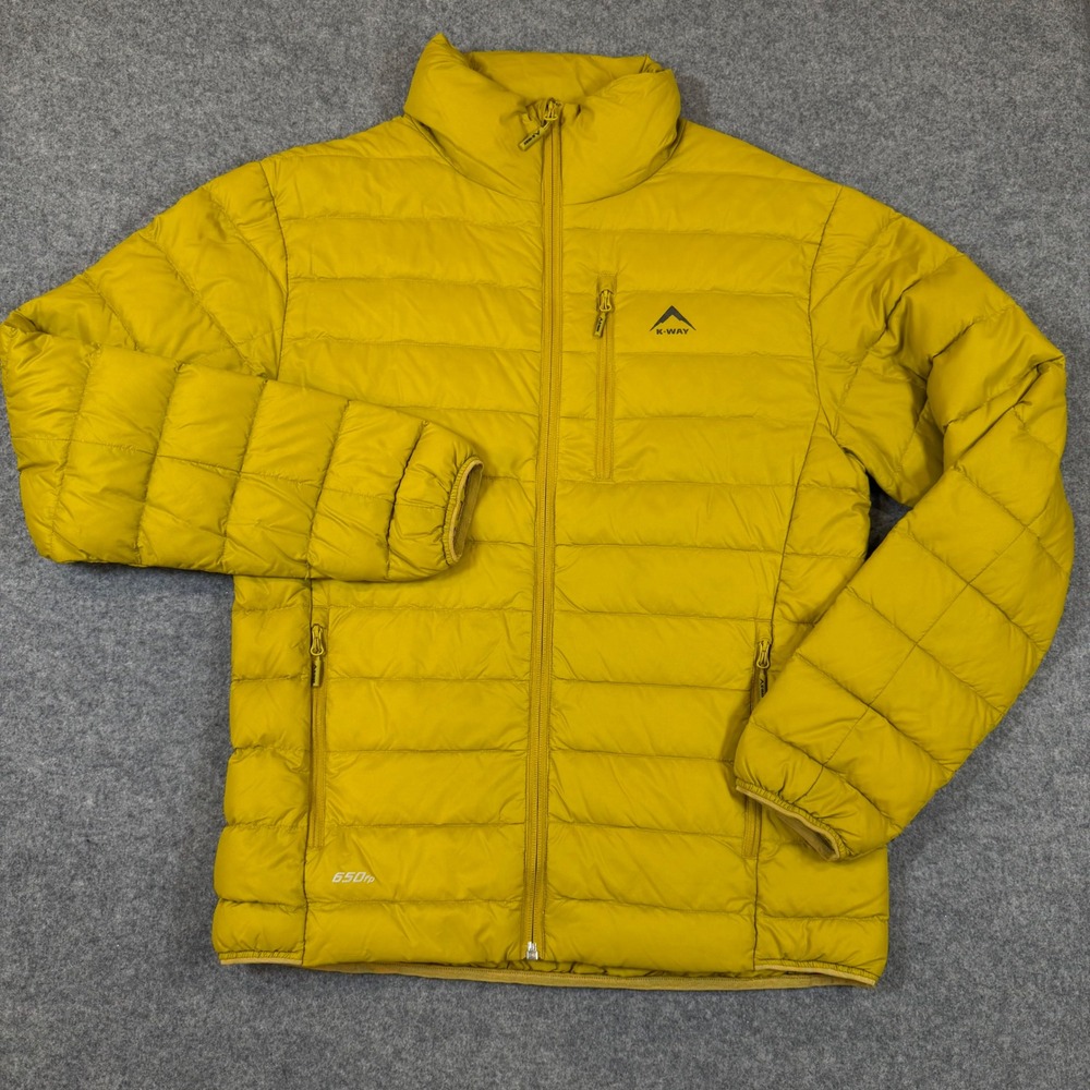 K-Way Logan Down Jacket Mens Small Egg Yellow 650fp Puffer Technical Design